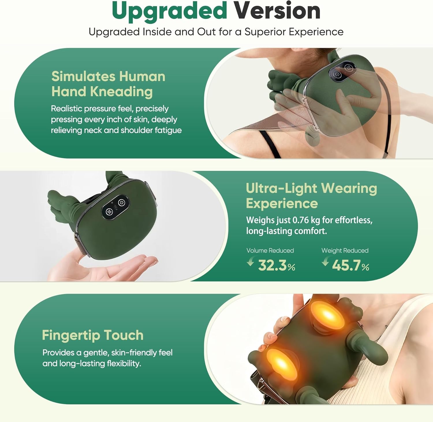 Shoulder and Neck Massager, Bionic Heated Massager, Neck Massager with Fingers, 4D Kneading Massage, Simulates a Real Palm Massage for Comfort, Relax Muscle Tension (Green) Shoulder and Neck Massager, Bionic Heated Massager, Neck Massager with Fingers, 4D Kneading Massage, Simulates a Real Palm Massage for Comfort, Relax Muscle Tension (Green)